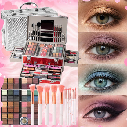 106-Piece Makeup Case Set with Red or Silver Carry Case, Fold-Out Color Palettes, Lip Products and Ten Makeup Brushes