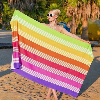 Oversized Rainbow-Striped Beach Towel, 67 x 35.4 Inches, Lightweight Design for Pool, Camping and Travel