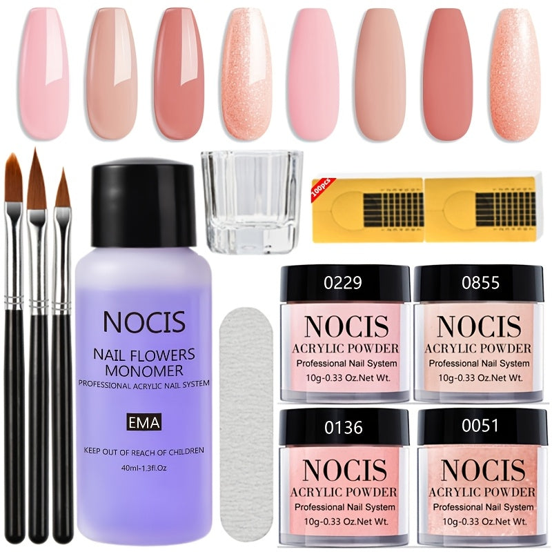 Acrylic Nail Kit NOCIS Four 10g Pink and Warm Neutral Powders with Liquid Monomer, Three Brushes and File