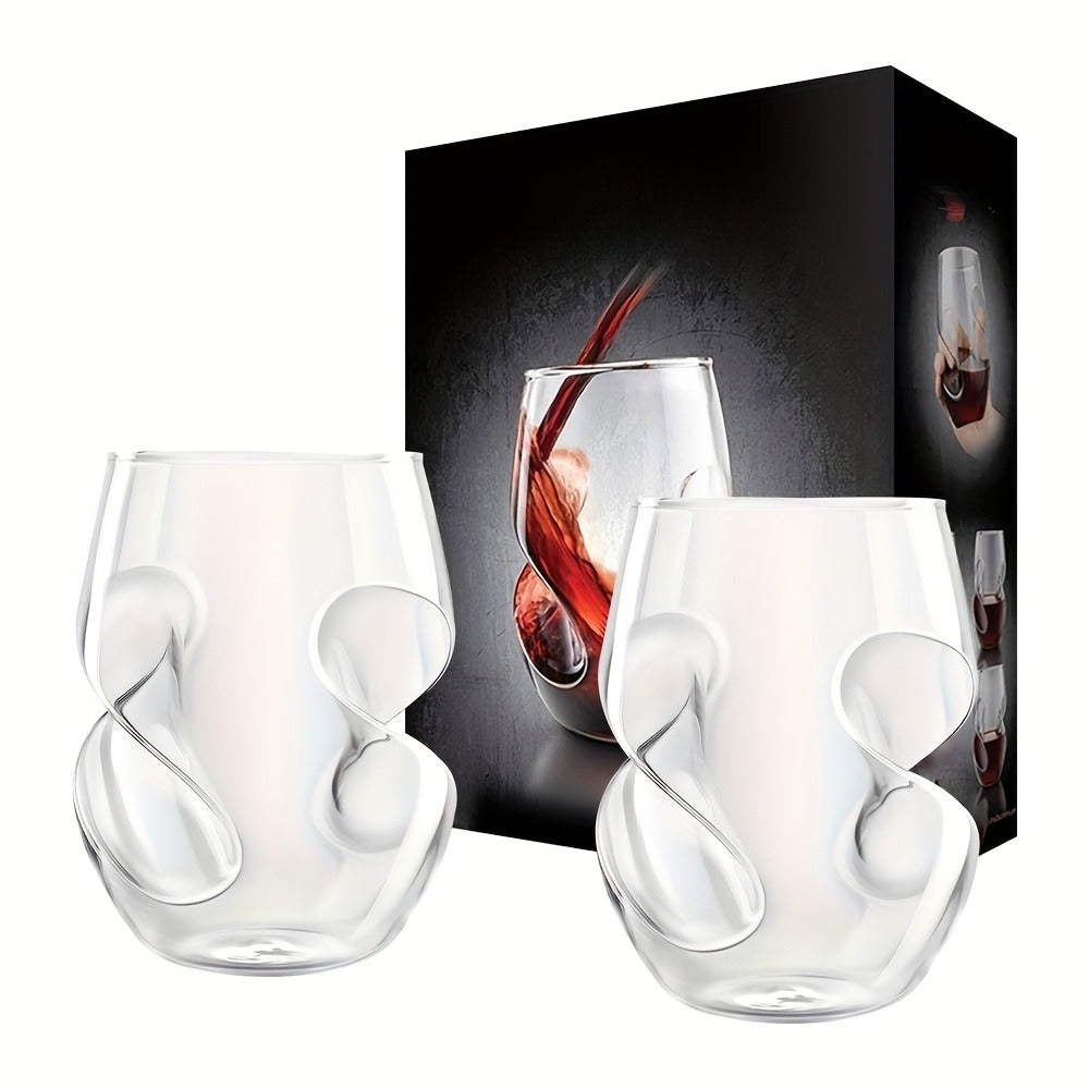 Curved Stemless Drinking Glasses, Two-Piece Clear Set with Sculpted Side Grips and 4.72-Inch Height