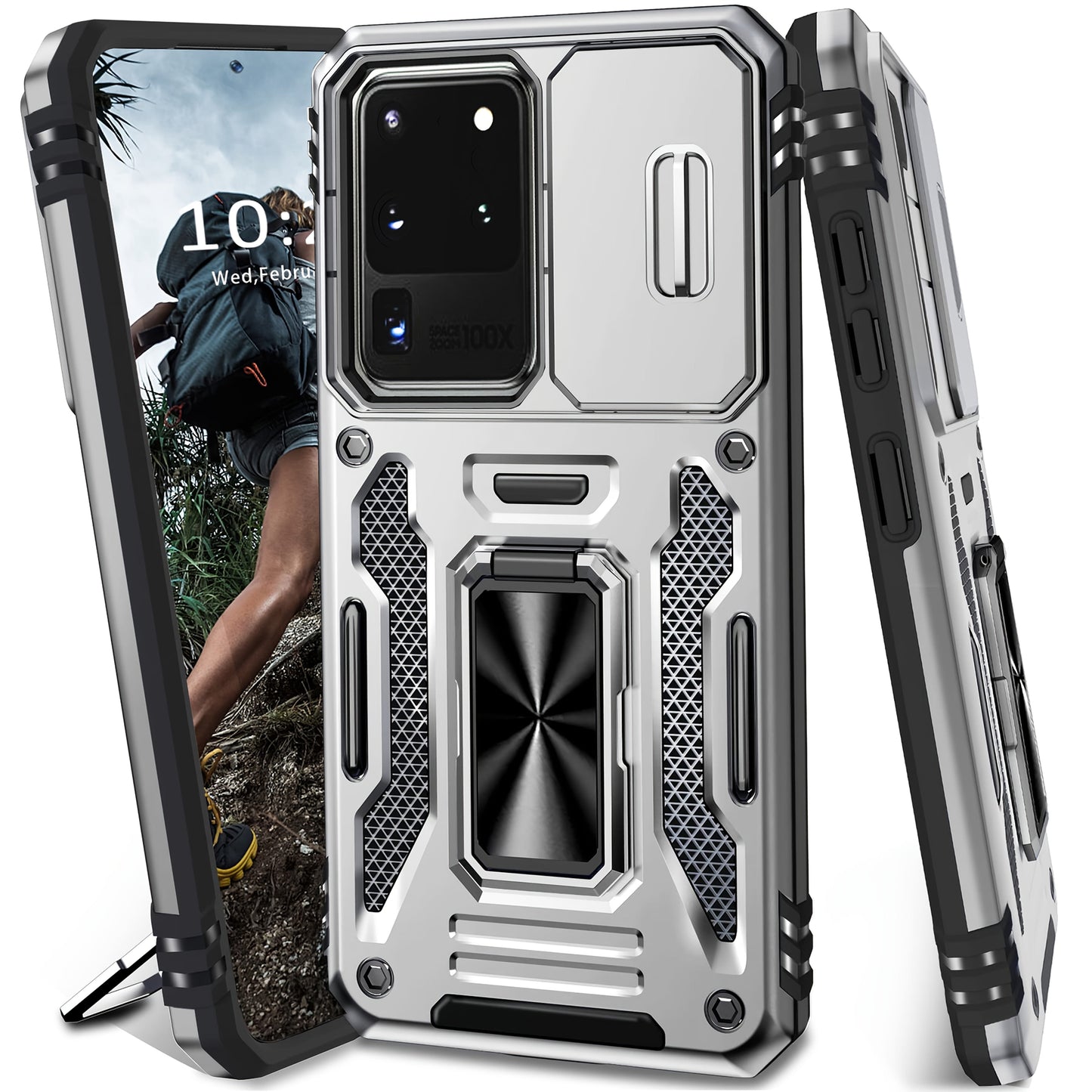 Samsung Galaxy Shockproof Magnetic Phone Case with 360° Rotating Ring Bracket & Sliding Lens Protector – Heavy Duty Cover for S24FE S23FE S22 S21FE Ultra A55 A54 A35 A34 A25 A24 A16 A15 A14 A06 A05 A05S 5G