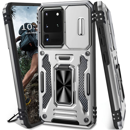 Samsung Galaxy Shockproof Magnetic Phone Case with 360° Rotating Ring Bracket & Sliding Lens Protector – Heavy Duty Cover for S24FE S23FE S22 S21FE Ultra A55 A54 A35 A34 A25 A24 A16 A15 A14 A06 A05 A05S 5G