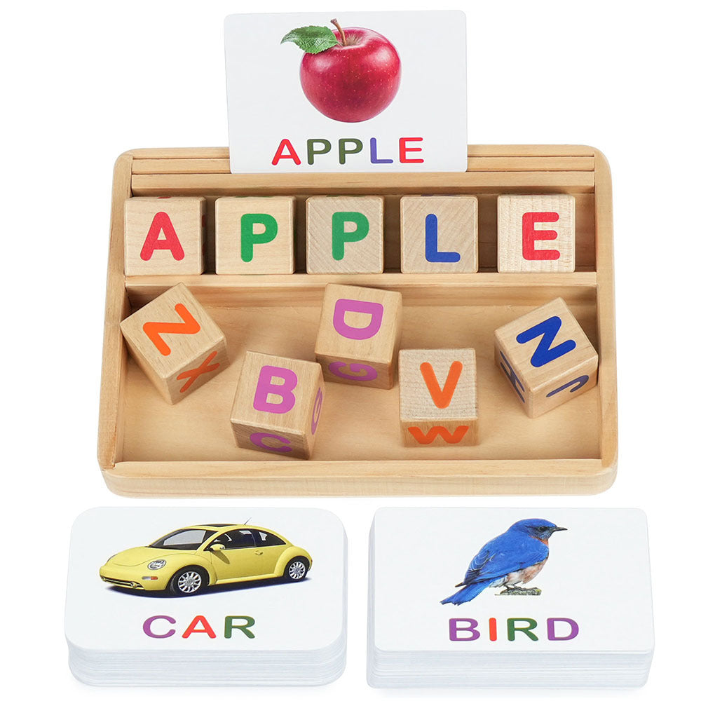 Phonics Word Builder Set with 110 Picture Cards, Ten Letter Blocks and Two-Level Wooden-Look Tray