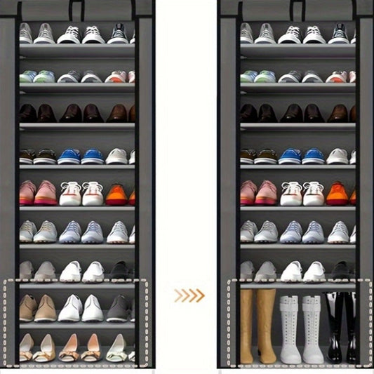 Shoe Rack 10-Tier Gray Portable Organizer for Up to 50 Pairs with Nonwoven Cover and Steel Frame