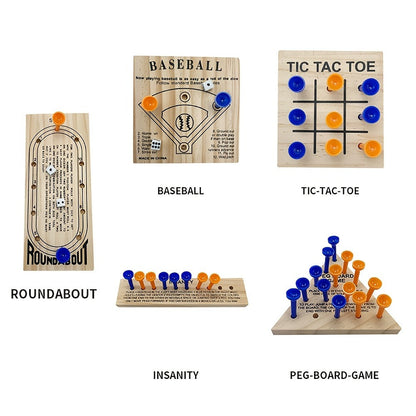 Five-Game Wooden Tabletop Set with Peg Boards, Dice and Playing Pieces for Adult Strategy and Family Game Nights