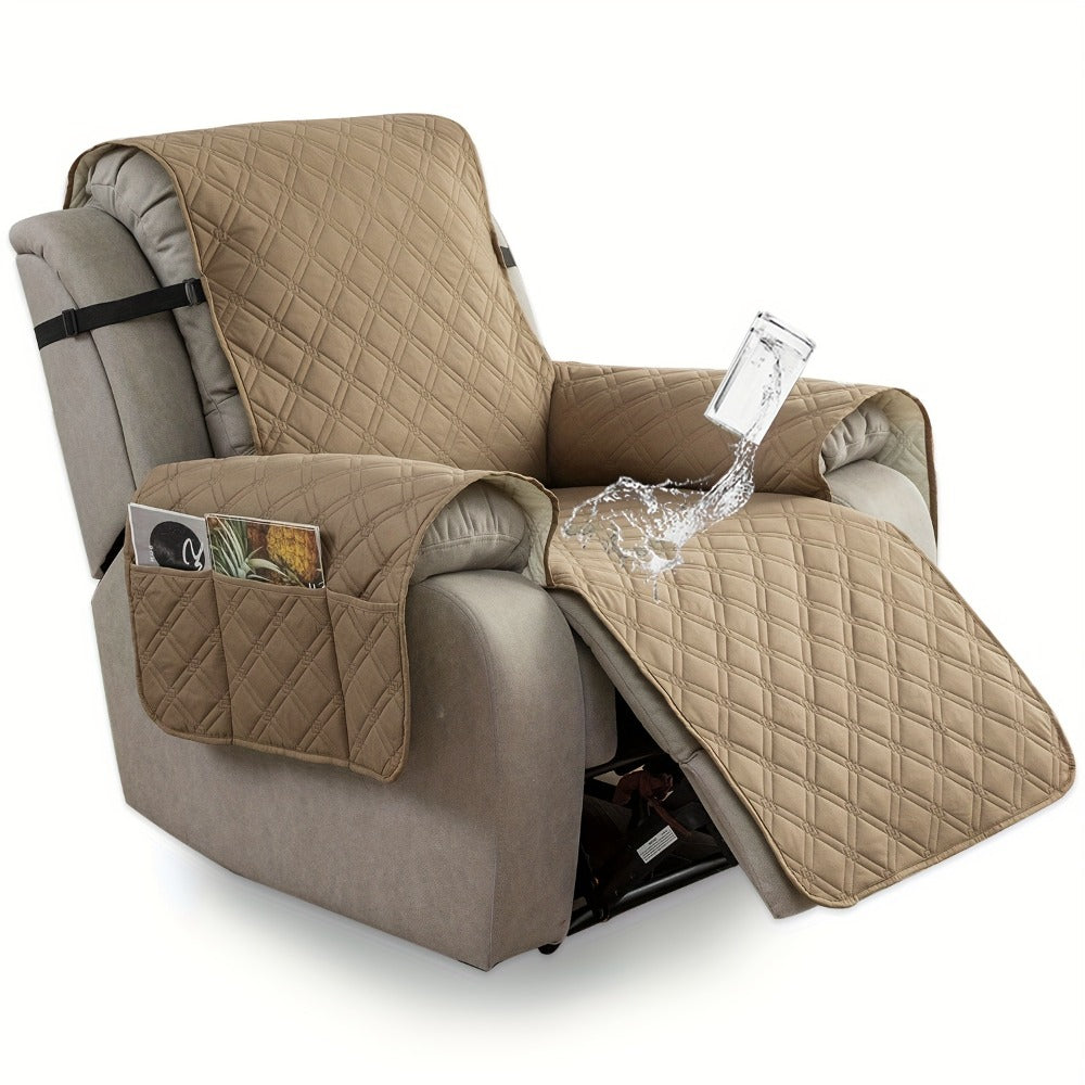 Quilted One-Piece Recliner Chair Cover with Side Pockets, Back Buckle Strap and 11 Color Options