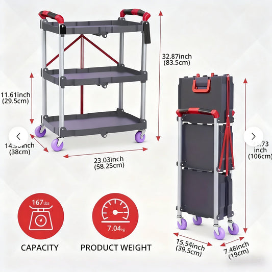 3-Tier Rolling Cart Collapsible Service Utility Cart on Wheels 56 LBS Per Shelf, Portable Folding 3 Shelf Cart Heavy Duty for Kitchen Office Garage Workshop