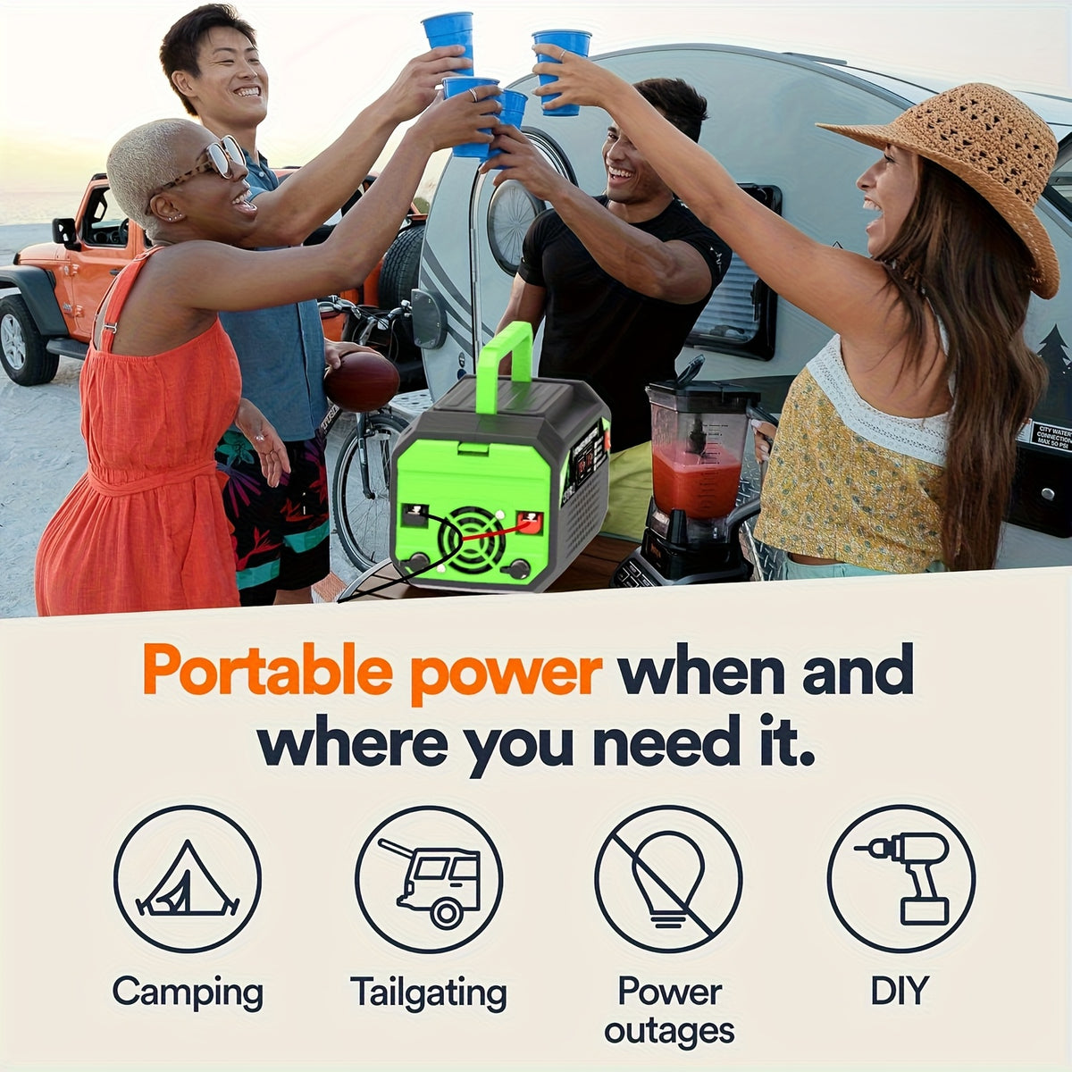 Portable 12V DC to 110V AC Power Inverter with 400W to 1000W Model Labels, Display and Carry Handle