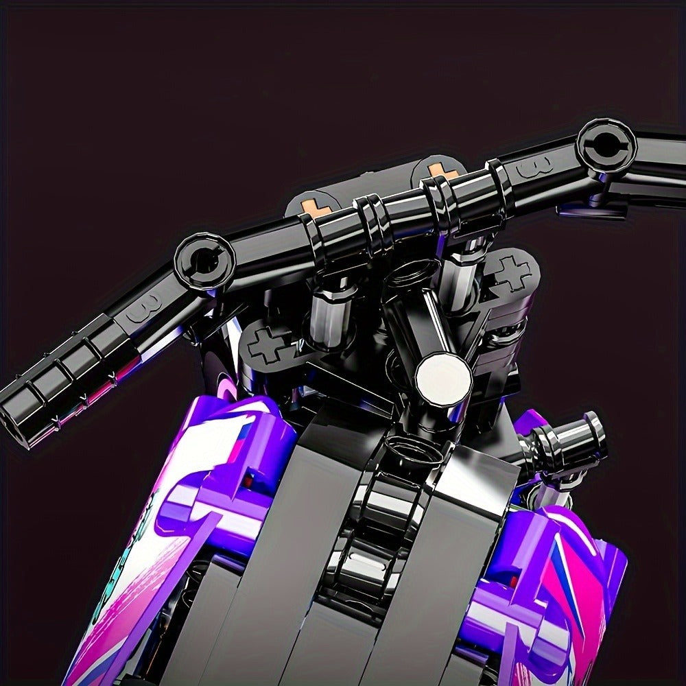 Building Block Set Off-Road Motorcycle Model, 476-Piece Purple and Black Bike with Display Dimensions and Instructions