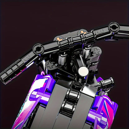 Building Block Set Off-Road Motorcycle Model, 476-Piece Purple and Black Bike with Display Dimensions and Instructions