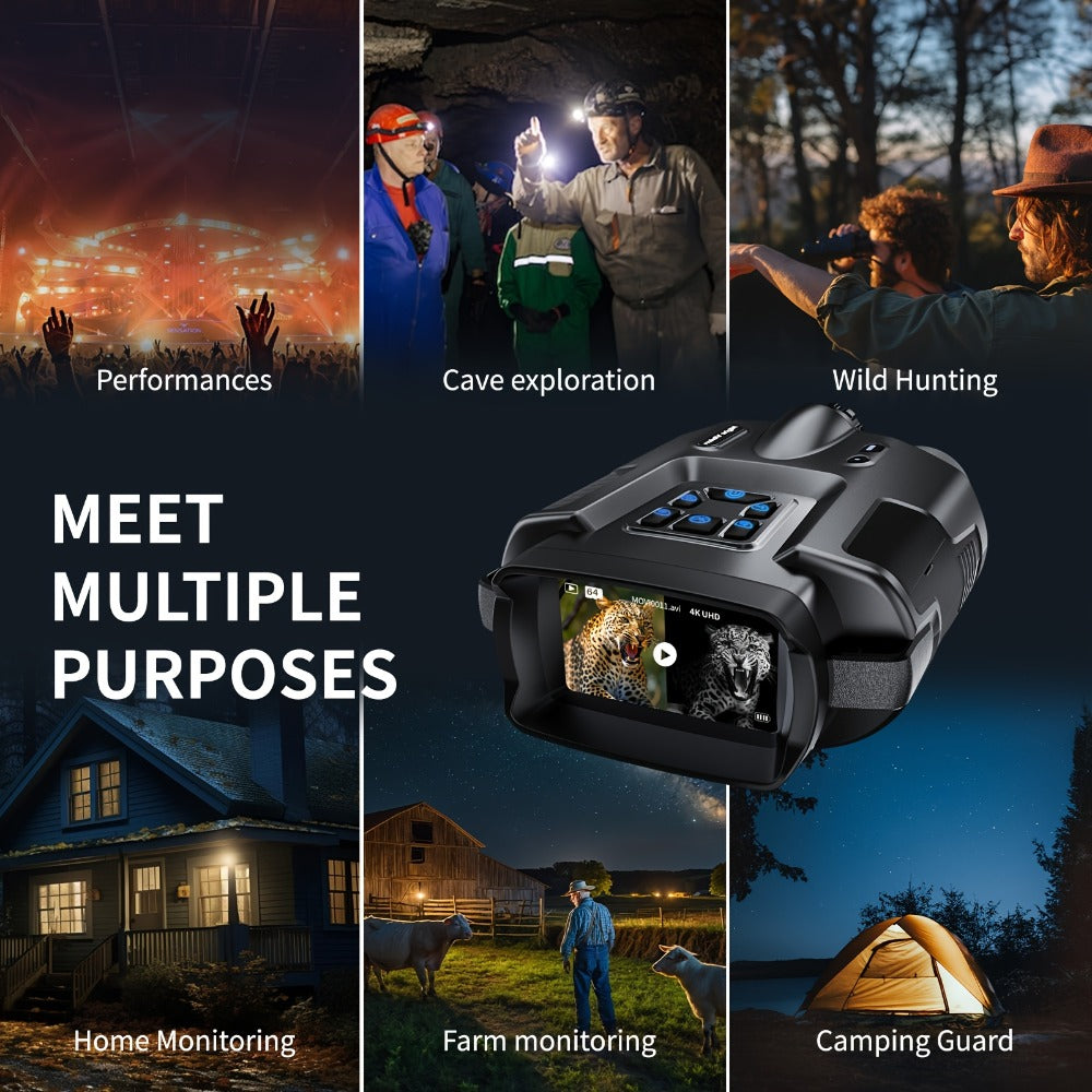 Black 4K-Labeled Night Vision Binoculars with 3-Inch Screen, 8X Digital and 5X Optical Zoom, 64GB Card and Carry Case