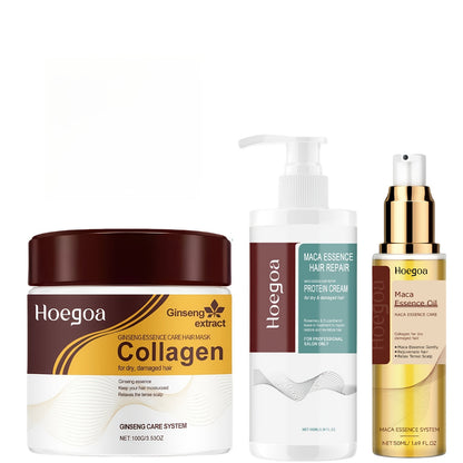 Three-Piece HOGOGO Collagen Hair Care Set with Jar and Pump Containers in a Gold Gift Box Presentation