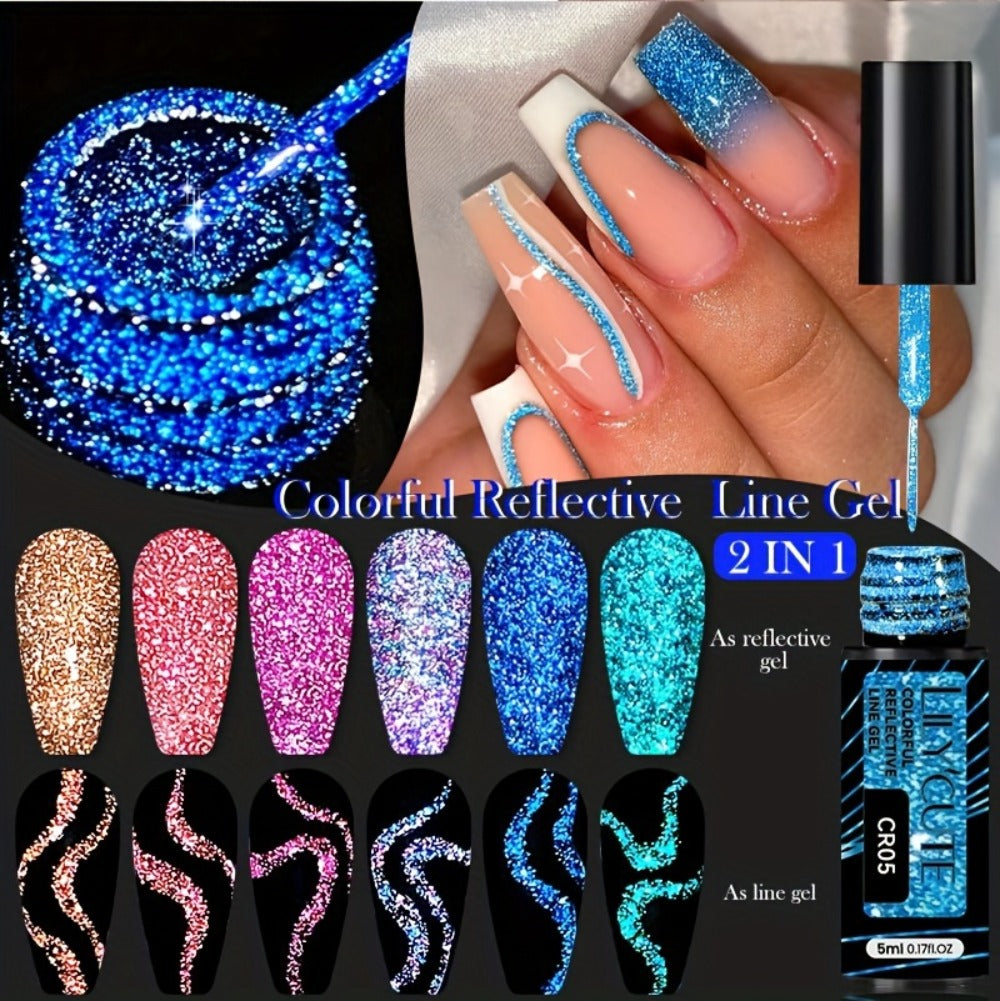 Reflective Liner Nail Art Gel Six-Bottle Set with 5ml CR01 to CR06 Colors and Slim Brushes for Detail Lines