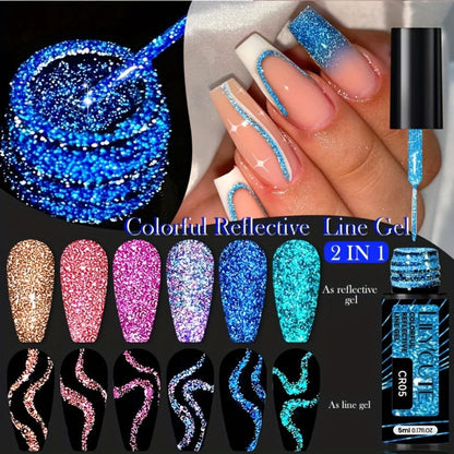 Reflective Liner Nail Art Gel Six-Bottle Set with 5ml CR01 to CR06 Colors and Slim Brushes for Detail Lines
