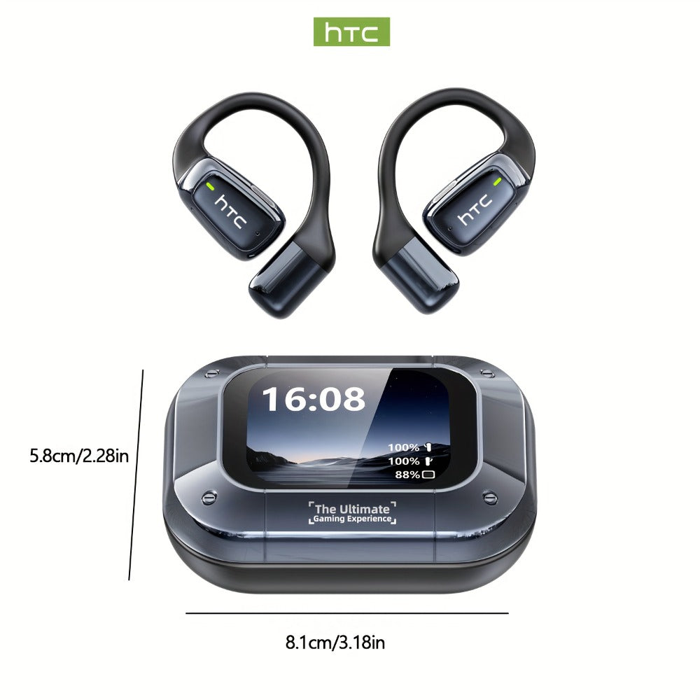Open-Back Hi-Fi Gaming Earphones HTC NE25 AI Real-Time Translation 135 Languages LED Smart Screen Low Latency Long Battery Lightweight Wireless Headphones Black
