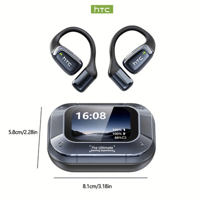 Open-Back Hi-Fi Gaming Earphones HTC NE25 AI Real-Time Translation 135 Languages LED Smart Screen Low Latency Long Battery Lightweight Wireless Headphones Black