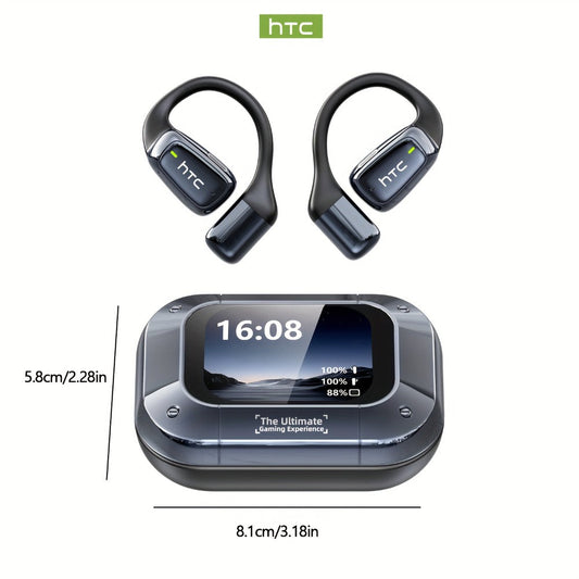 Open-Back Hi-Fi Gaming Earphones HTC NE25 AI Real-Time Translation 135 Languages LED Smart Screen Low Latency Long Battery Lightweight Wireless Headphones Black