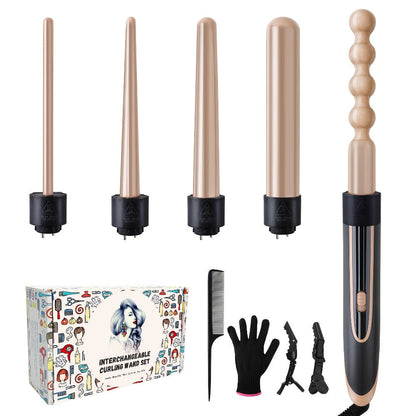 5-in-1 Curling Wand Set Ceramic Interchangeable Barrels 0.4-1.25 Inch - 30s Fast Heat Dual Voltage Auto Shut-Off Hair Curler Iron with Heat Glove for Women Long Short Hair