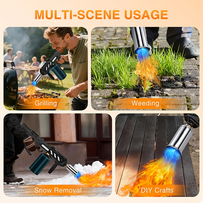 Blow Torch Gun with Detachable Design & Adjustable Flame, Propane Cooking Torch for BBQ, Searing Steak, Caramelizing, Camping, Welding & Weeding, Versatile Kitchen Flamethrower, Gold/Silver & Black (Tank Not Included)