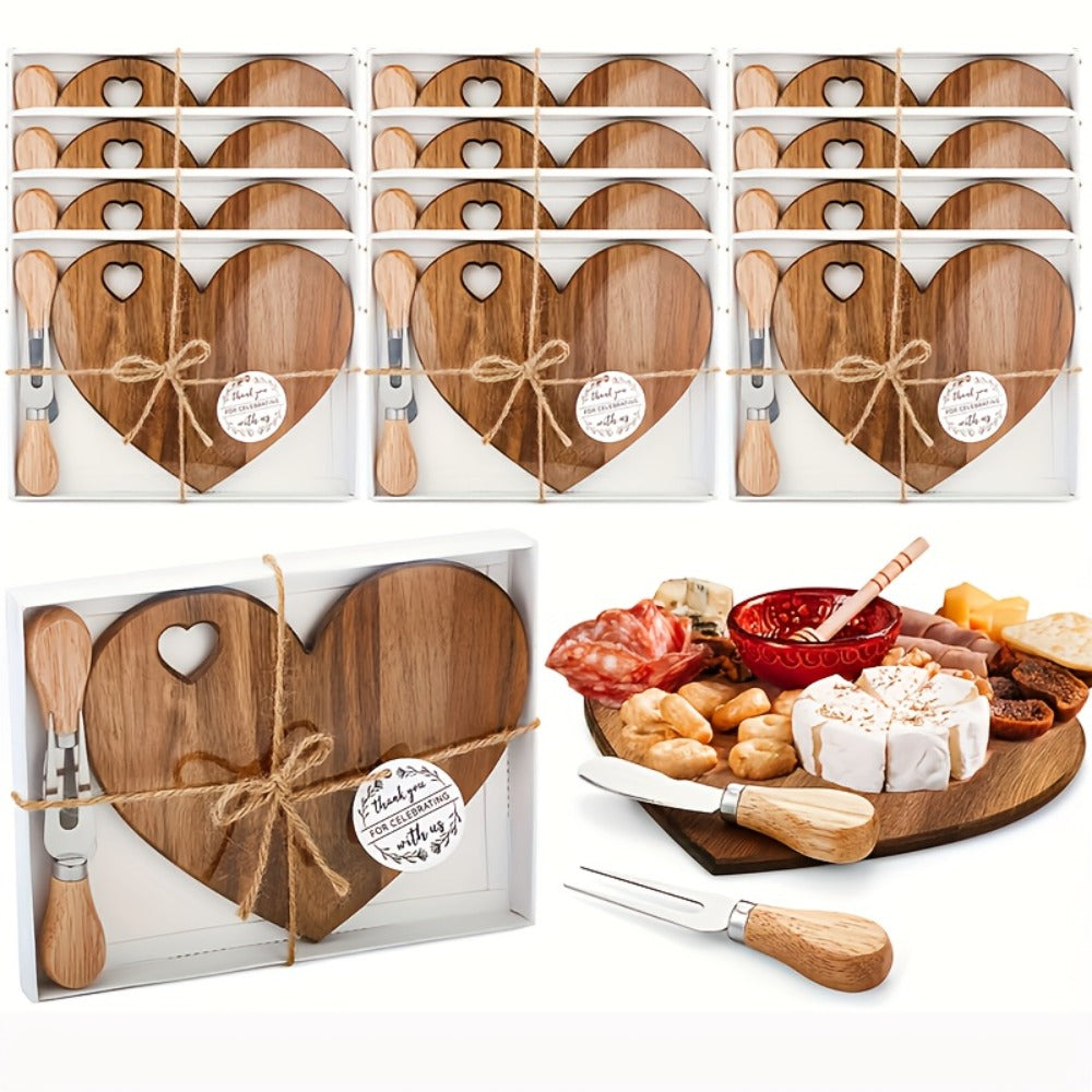 Mini Heart Charcuterie Board Set 6/12 Pack – Wood Cheese Board with Knives Bridal Shower Favor Thank You Gift Box for Wedding Birthday Valentine Christmas Party Guest Bamboo Acacia
