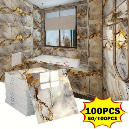 Peel and Stick Wall Tiles 50/100pcs Waterproof PVC Marble Self Adhesive Vinyl Tile Stickers for Bathroom Kitchen Living Room, TV Backdrop Shower Wall Panels Modern Home Decor Easy Installation