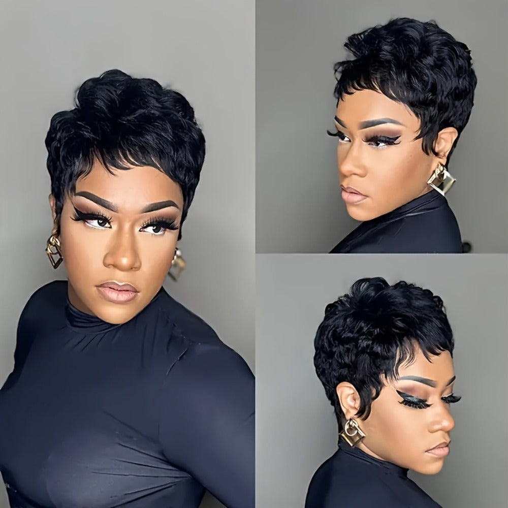 Pixie Cut Wig Human Hair Glueless 150% Density Short Straight Layered Bob Rose Net Cap | Wear and Go Natural Black Women Daily Special Occasions
