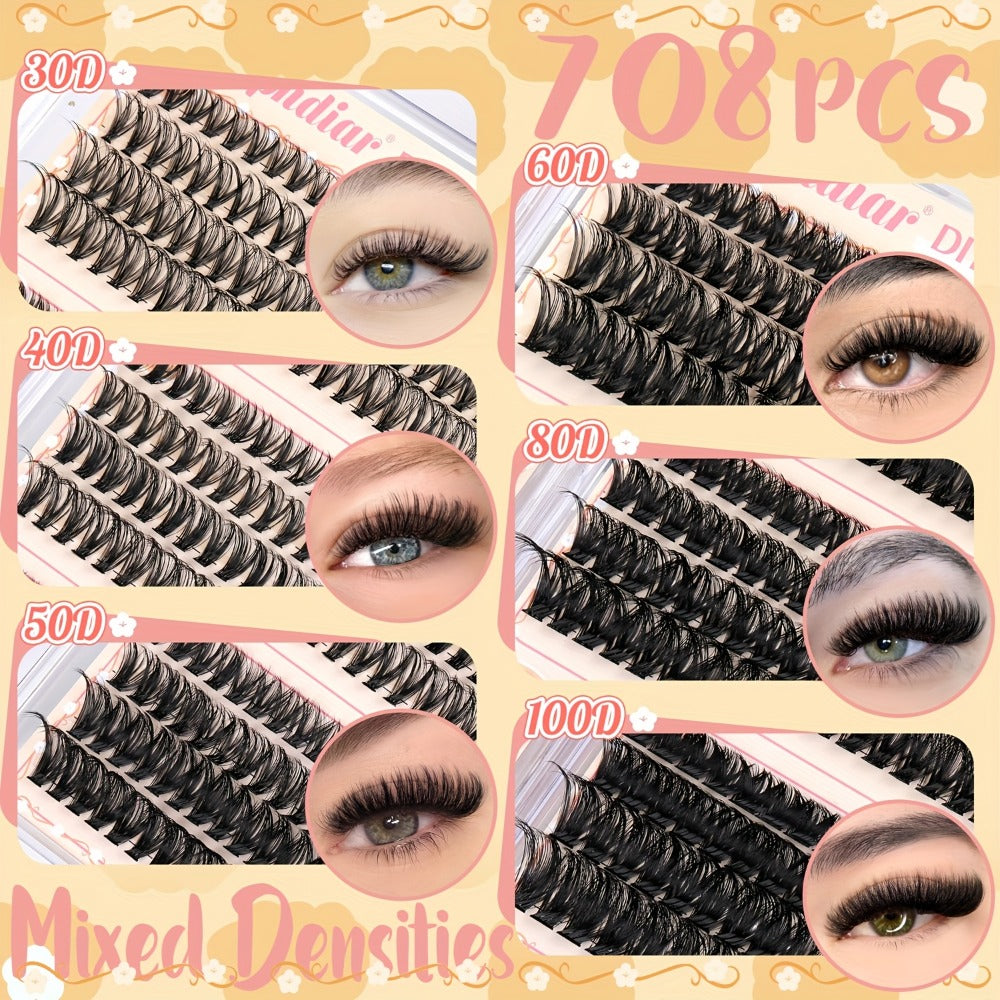 Lash Extension Kit with 708 Clusters in 8-16mm Mixed Lengths and 30D-100D Densities, Glue, Tweezers and Brush