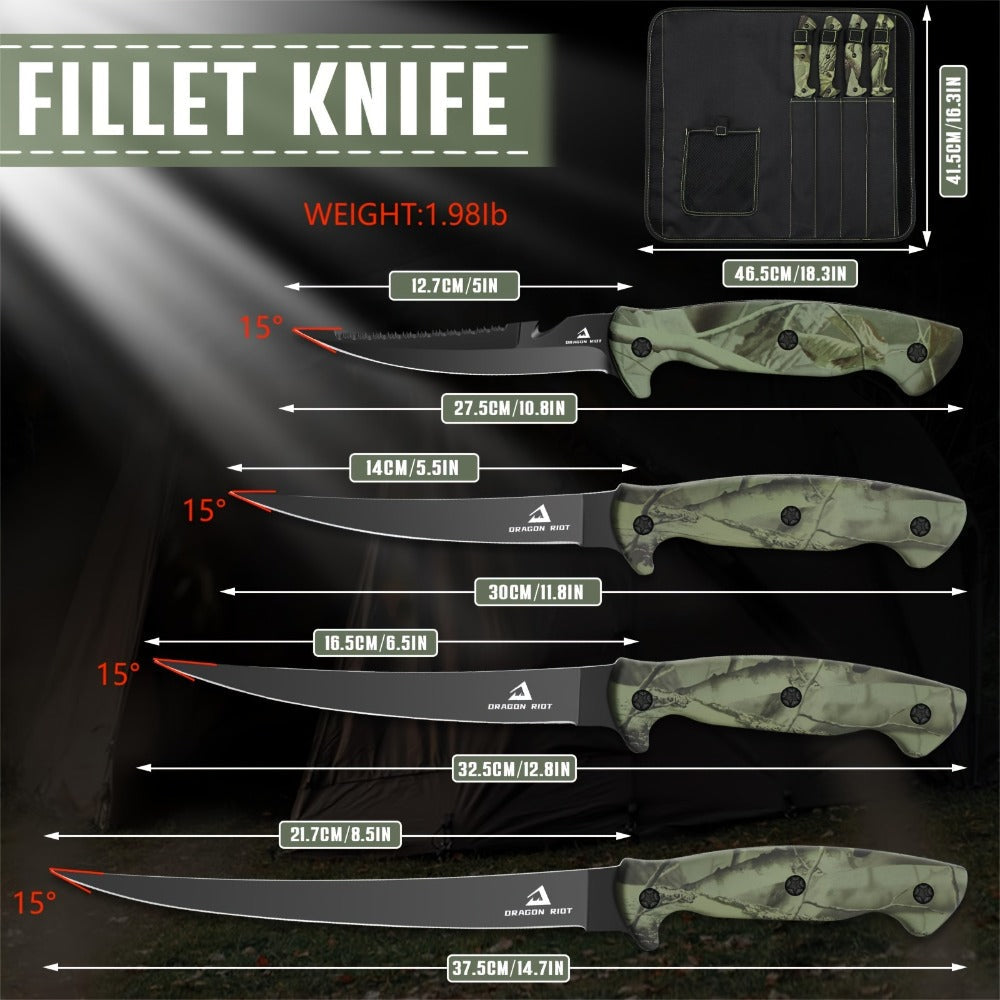 Four-Piece Fillet Knife Set with 5-, 6-, 7- and 9-Inch Labels, Zip Storage Bag and Pocket Sharpener
