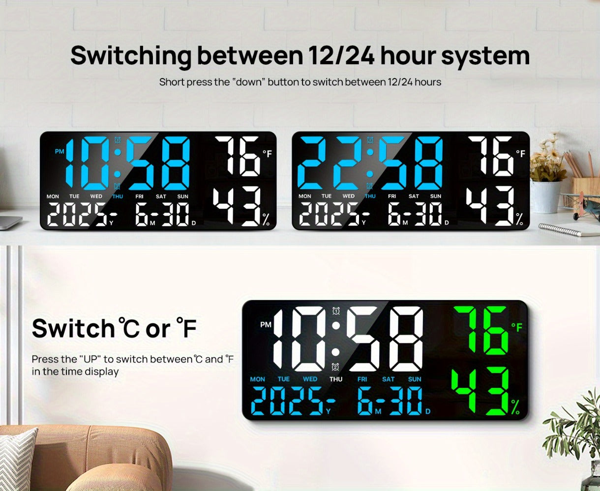 14.6-Inch Digital LED Wall Clock with Remote, Date, Weekday, Temperature and Humidity Color Options