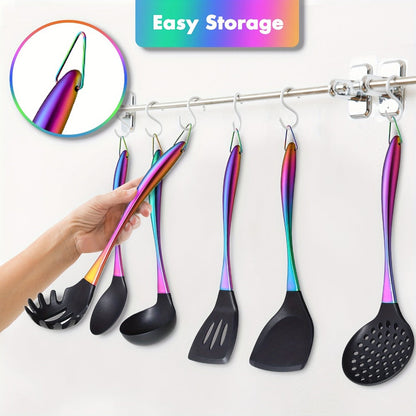 Silicone Cooking Utensils Set 17 Piece Rainbow Titanium with Rotating Holder - Heat Resistant Non-Stick Spatulas
