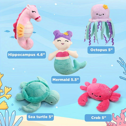 Plush Toy – Five-Piece Ocean Creature Set with Mermaid, Sea Animals and Pink Shell Carry Bag