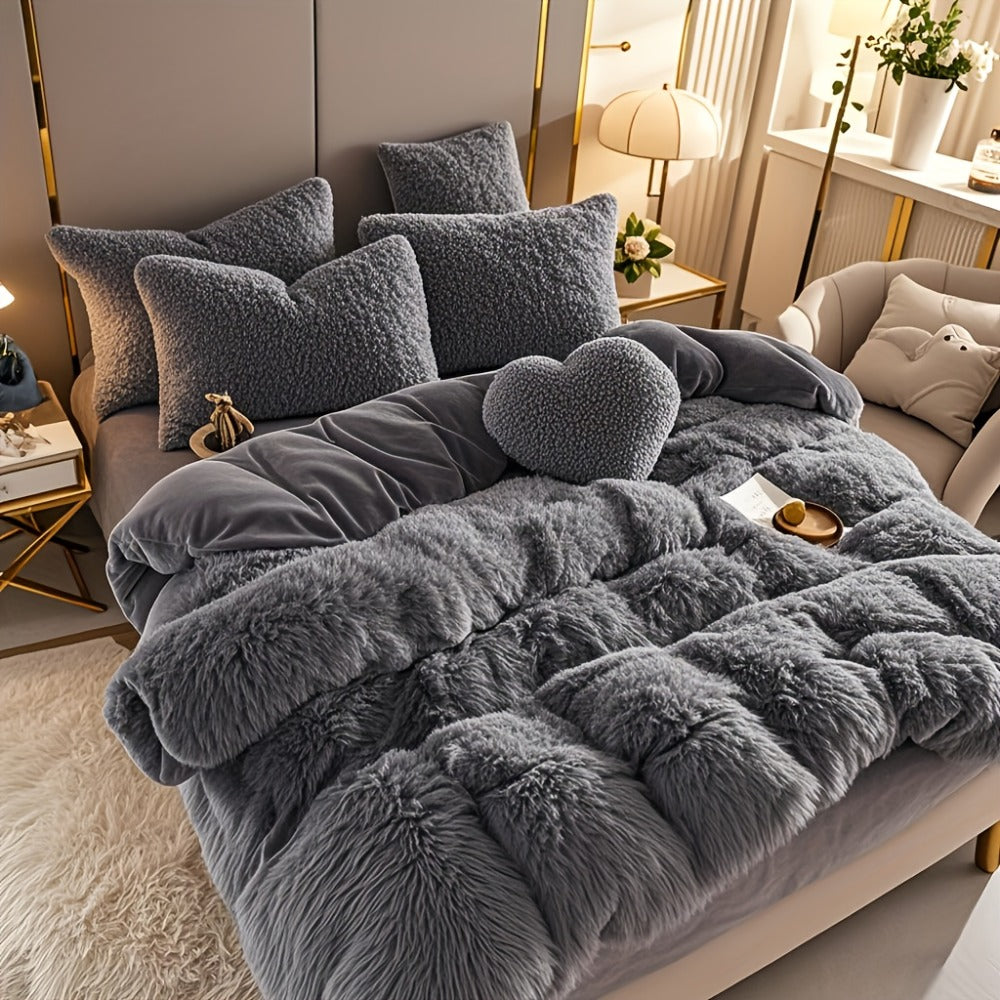 Plush Four-Piece Duvet Cover Set with Bed Sheet, Two Pillowcases, Queen or King Size and Eight Colors