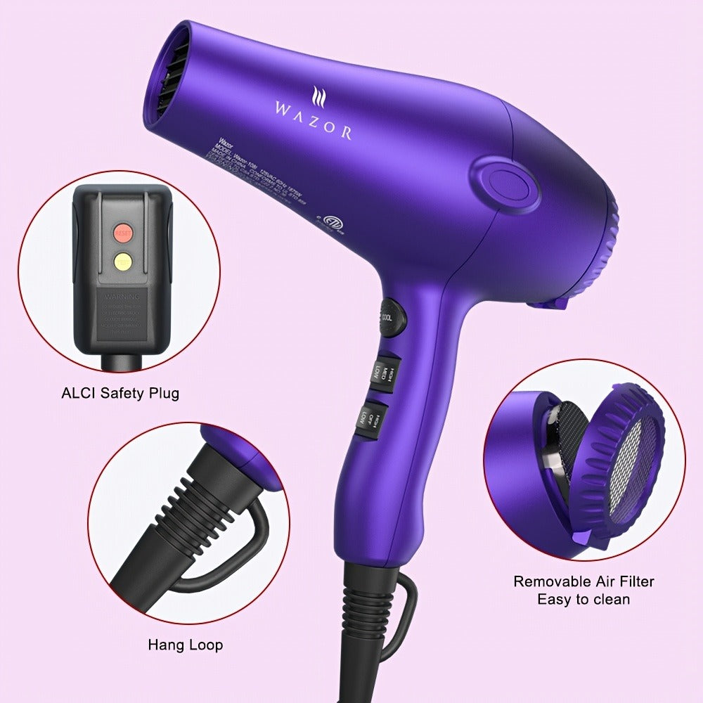 Purple WAZOR 1875W Hair Dryer with Three Heat Settings, Two Speeds, Cool Shot and Three Styling Attachments