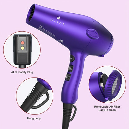 Purple WAZOR 1875W Hair Dryer with Three Heat Settings, Two Speeds, Cool Shot and Three Styling Attachments