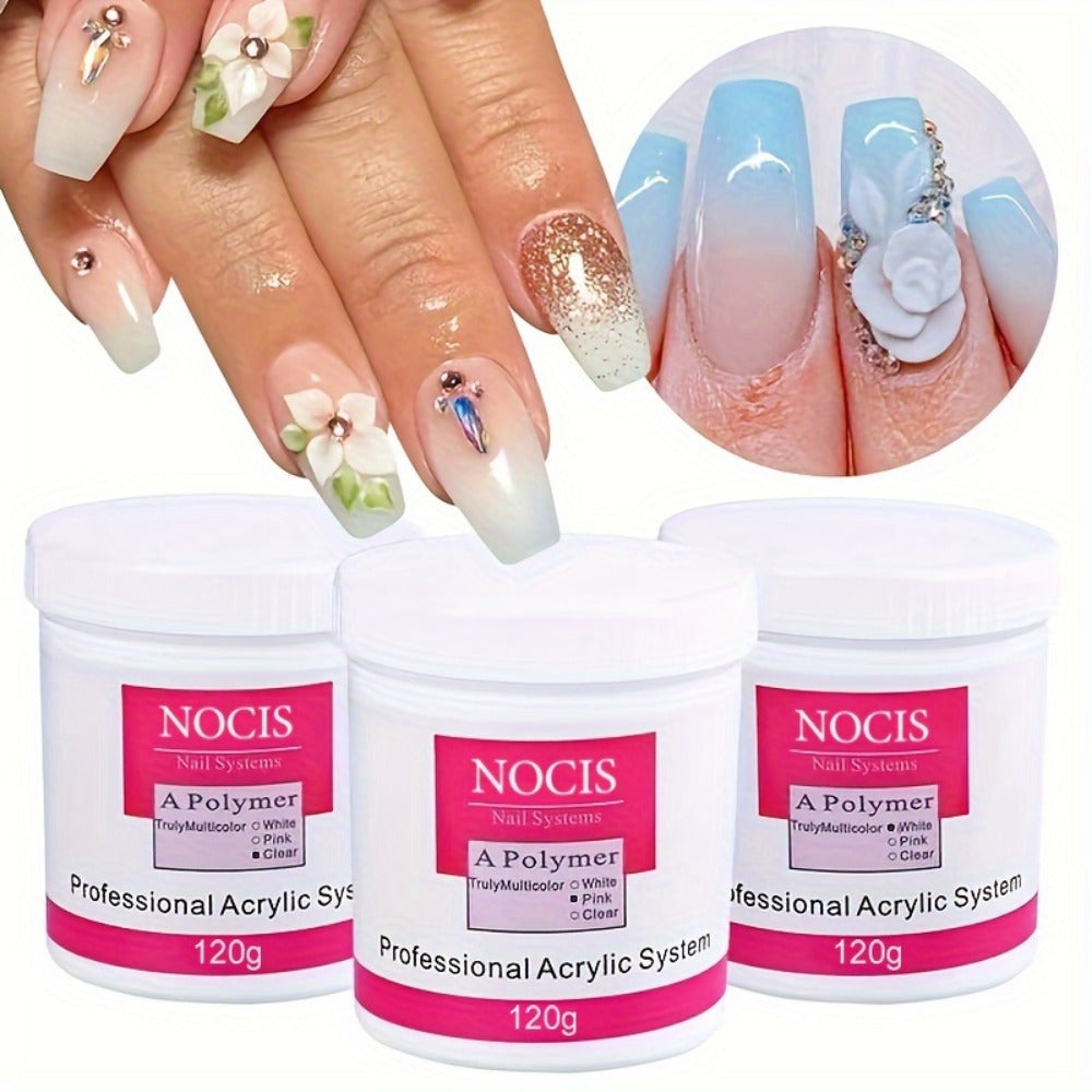 NOCIS 120g Acrylic Nail Powder Jar in White, Pink or Transparent Color for Use with Compatible Acrylic Liquid