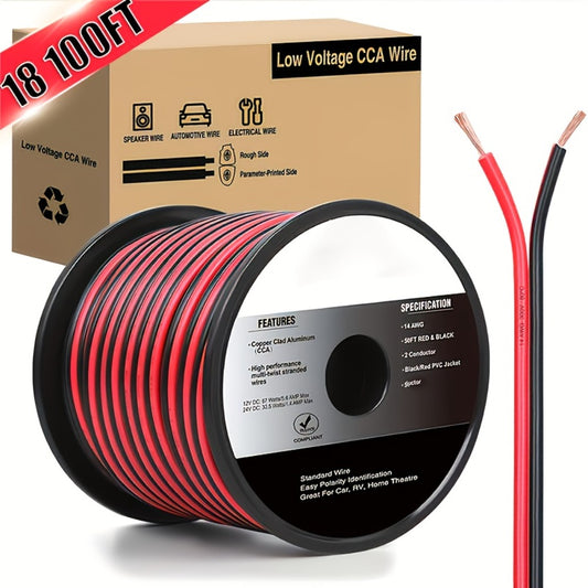 CCA Speaker Wire 16AWG – Red & Black Copper Clad Aluminum 2-Conductor DC Cable for Car Audio, Radio, Amplifier & Home LED Strip Lights (12V/24V, Flexible Spool)