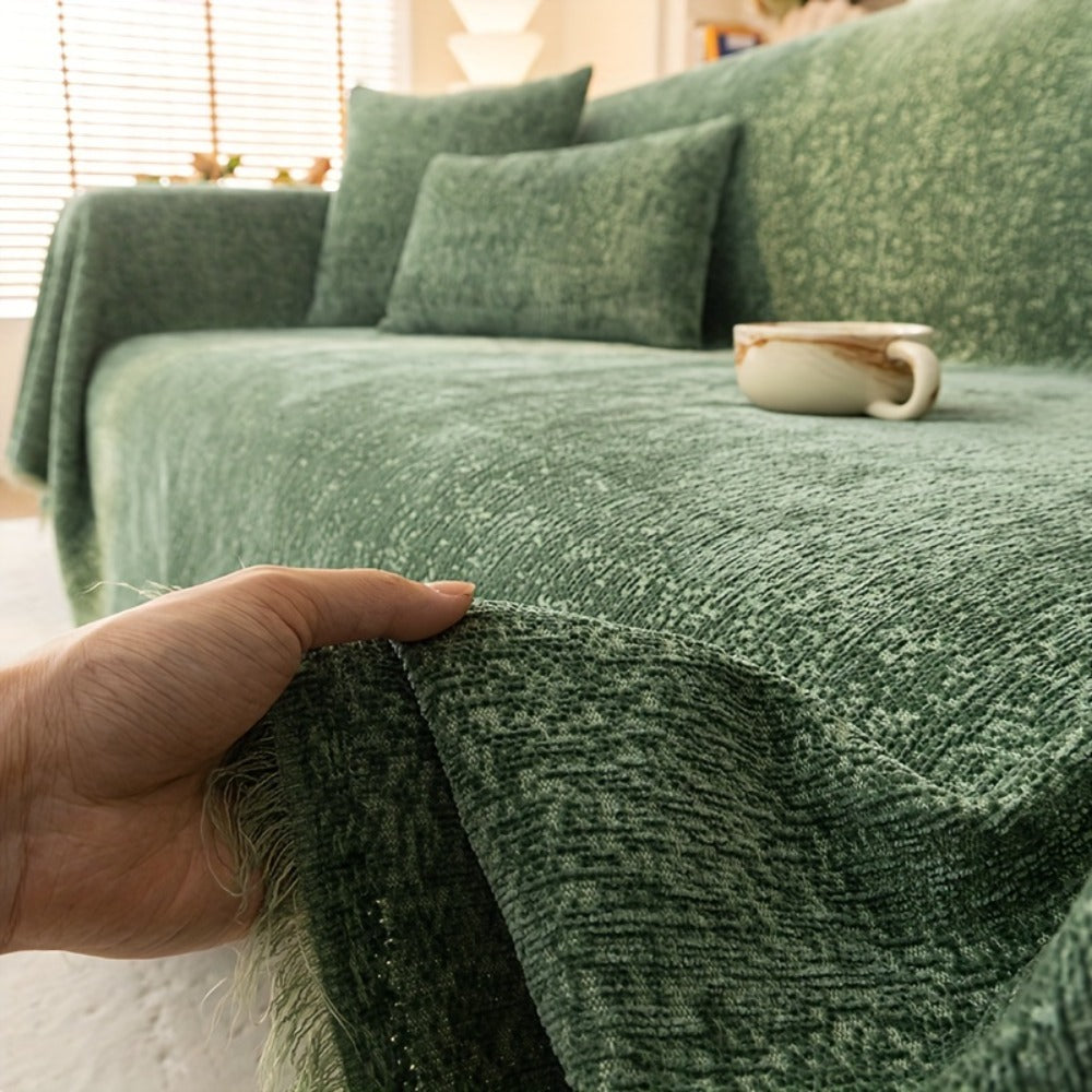 Sofa Cover 300 GSM Solid Chenille Throw with Fringe in Four Colors and Sizes from Single Seat to 71 x 150 Inches