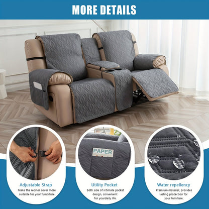 Recliner Loveseat Cover 4 Piece Set Waterproof Split Dual Recliner Sofa Slipcover with Center Console Cover & Straps - Pet Friendly Furniture Protector, Knit Polyester, 8 Colors, Black Grey Beige Navy