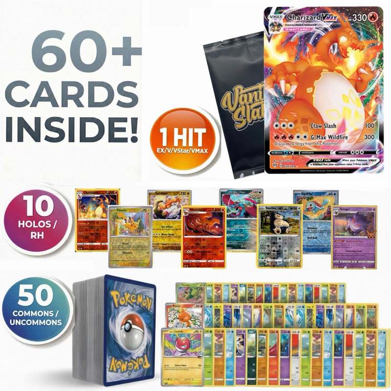 61-Card Pokémon Mystery Pack – 1 Guaranteed Hit (EX/GX/V/VMAX/VSTAR/Ultra Rare) + 10 Holo Cards + 50 Commons | Authentic TCG Surprise Bundle for Collectors, Kids & Teens