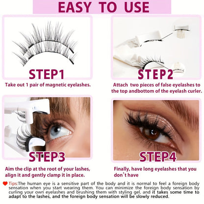 Natural Slim Nude Magnetic Eyelashes with Eyelash Curler — 3D Glue-Free Reusable Transparent Soft Stem Strong Magnetic Force Eye-Enlarging False Lashes for Daily & Office Wear, 1 Pair