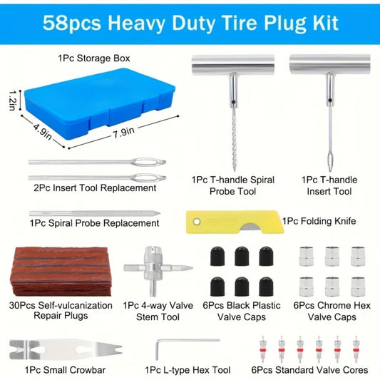 Tire Repair Tool Kit 47 / 58 / 104 / 116-Piece for Cars Motorcycles Trucks Tractors Trailers, Heavy-Duty Tubeless Tire Plug Patch Kit with Storage Bag & Gloves, No Battery Required, Roadside Emergency