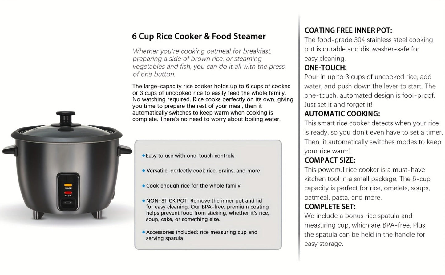 Three-Cup Uncooked / Six-Cup Cooked Rice Cooker with One-Touch Cook and Warm Modes, Inner Pot and Accessories