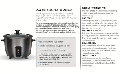 Three-Cup Uncooked / Six-Cup Cooked Rice Cooker with One-Touch Cook and Warm Modes, Inner Pot and Accessories