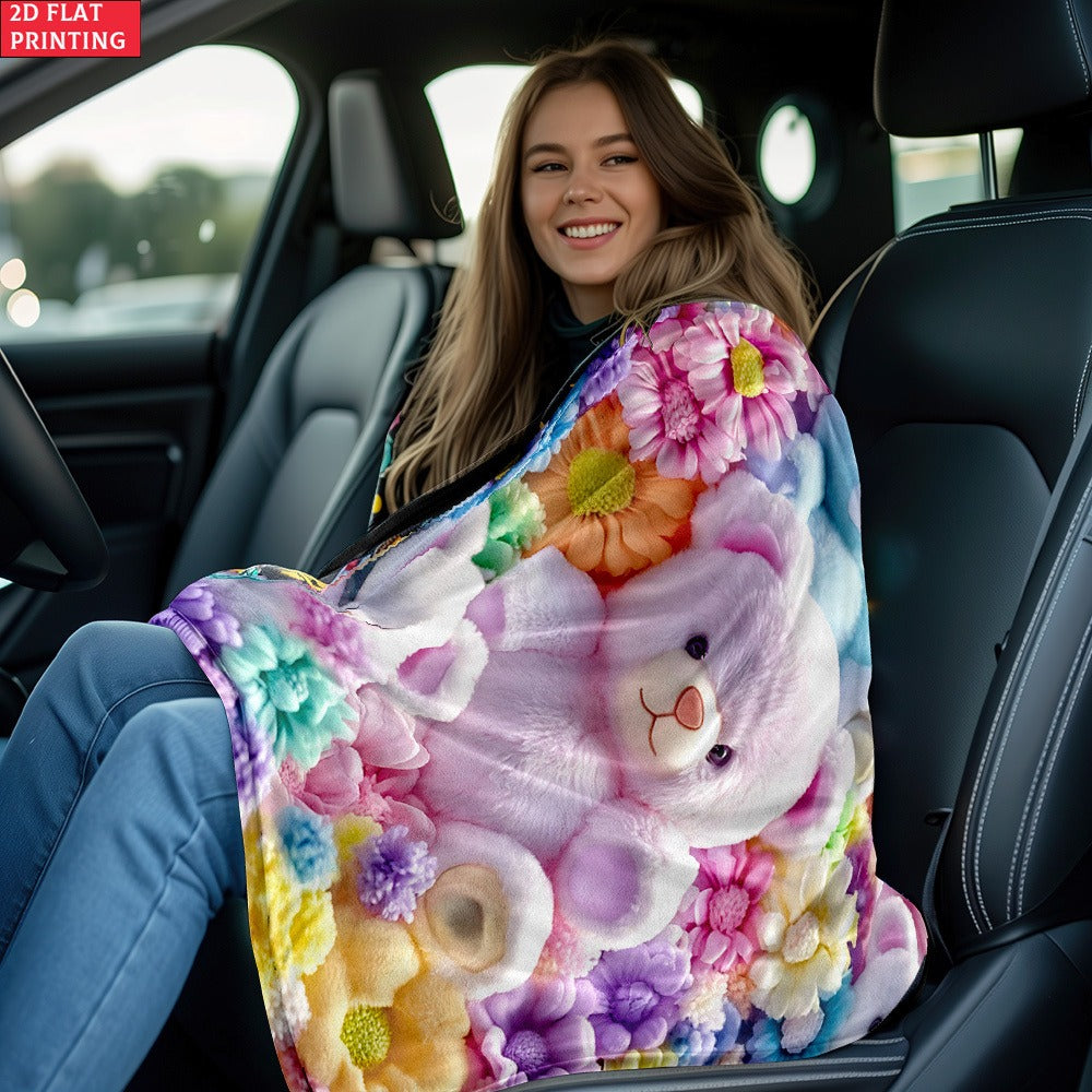 Teddy Bear and Floral Print Throw Blanket with Colorful Flat Graphic and Exact 39.41 by 50.8 Inch Option