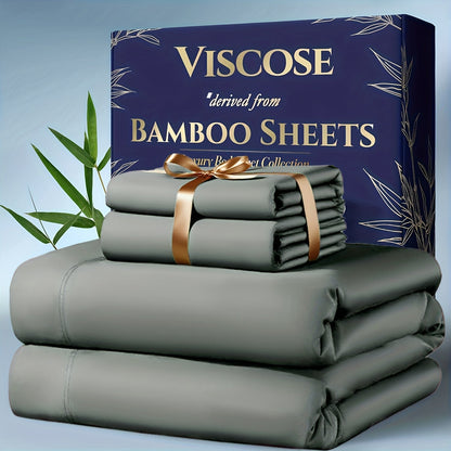 Viscose-from-Bamboo Four-Piece Sheet Set with Deep-Pocket Fitted Sheet, Twin to King Sizes and 12 Colors