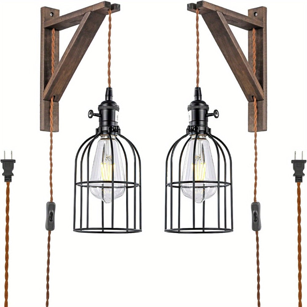 Plug-In Cage Wall Sconce with Wooden Bracket, 250 cm Cord and Single or Two-Piece Farmhouse Options