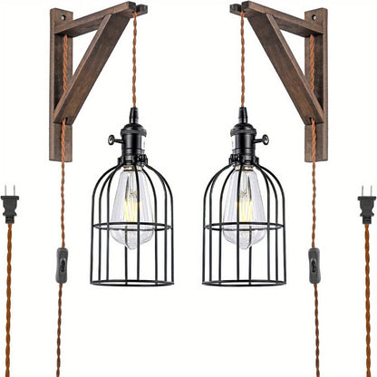 Plug-In Cage Wall Sconce with Wooden Bracket, 250 cm Cord and Single or Two-Piece Farmhouse Options