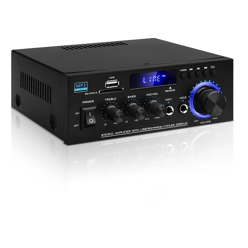 AK45 Two-Channel Bluetooth Home Audio Amplifier with FM, Karaoke Inputs, USB, MMC and SD Card Playback Options