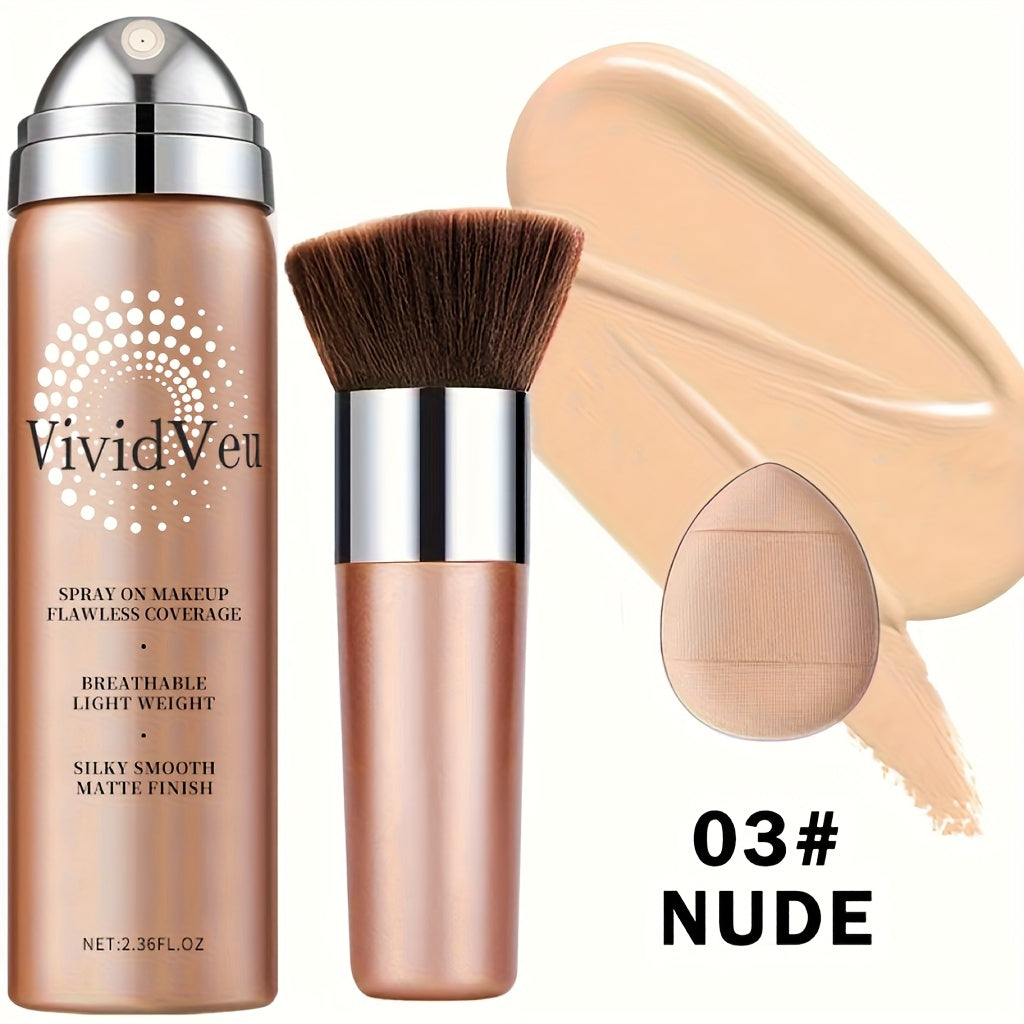 Spray-On Liquid Foundation Bottle with Matching Face Brush in Four Shades from Natural to Porcelain