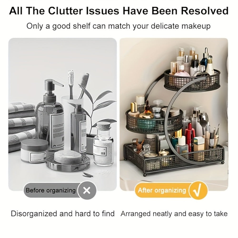 Mesh Countertop Bathroom Organizer with Two- or Three-Tier Basket Styles and Curved Open Frame